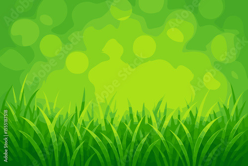 Lush Green Grass Blades with Soft Bokeh Light Effect, Nature Spring or Summer Meadow Background, Fresh Lawn Texture, Vector Cartoon Illustration, Vibrant Outdoor Landscape Design Element