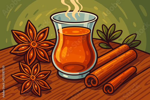 Aromatic Spiced Tea with Star Anise and Cinnamon Sticks on Wooden Table, Steaming Hot Beverage, Cozy Autumn Winter Drink, Vector Cartoon Illustration, Herbal Infusion, Warm Comfort Concept