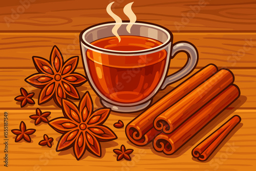 Spiced Tea with Star Anise and Cinnamon Sticks on Wooden Table, Aromatic Hot Beverage, Cozy Autumn Winter Drink, Warm Herbal Infusion, Vector Cartoon Illustration, No Text