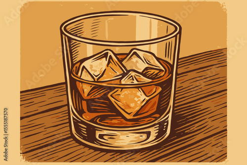 Vintage style vector illustration of whiskey on the rocks in glass with ice cubes on wooden table. Retro bar drink concept. Classic cocktail, alcohol beverage, rustic pub, hand drawn sketch art