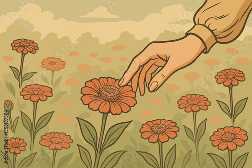 Vintage hand gently touching blooming zinnia flower in soft focus field. Retro botanical illustration. Tranquil garden scene. Woman’s arm, orange flowers, nature, spring, peaceful landscape vector art
