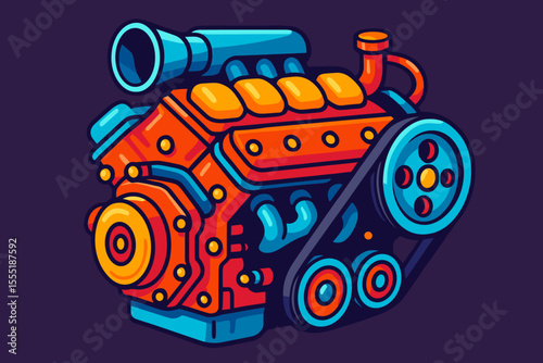 Vibrant cartoon car engine vector illustration, mechanical automotive parts, colorful motor component, detailed machinery, technology concept, modern transportation, engineering design