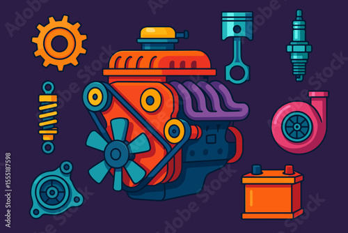 Colorful car engine parts vector illustration. Cartoon automotive components set with piston, spark plug, turbocharger, battery, gear, fan, spring, mechanical elements. Bright repair concept