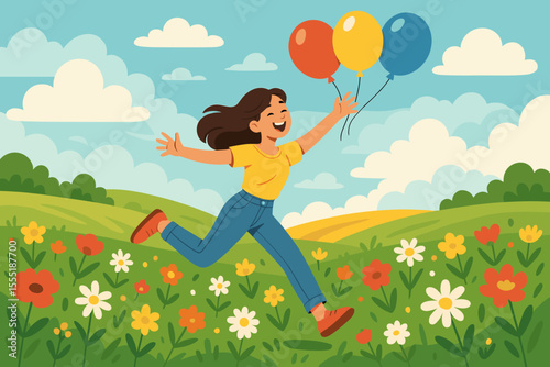 Happy woman running and jumping with colorful balloons in spring flower field, joyful outdoor scene, smiling girl enjoying nature, cartoon vector illustration, carefree lifestyle, summer meadow