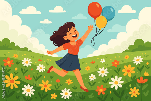 Happy girl running and jumping in colorful flower field holding balloons, joyful spring or summer outdoor scene, cheerful childhood, playful cartoon vector illustration, nature landscape