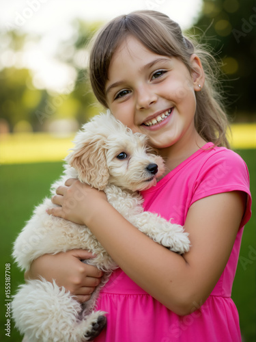 Smiling girl in a pink shirt hugging a fluffy white puppy. Close-up portrait of a child showing affection to her new pet. For pet store banner