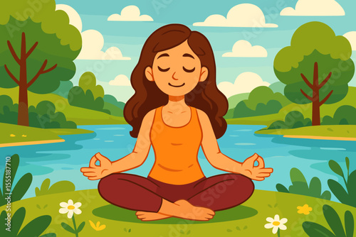 Peaceful woman meditating in lotus yoga pose by tranquil lake, surrounded by lush green nature, summer landscape, mindfulness, relaxation, wellness, outdoor meditation vector illustration