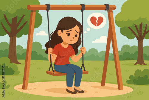 Lonely woman sitting on swing in park, thinking of heartbreak and lost love. Sadness, solitude, emotional pain, heartbreak concept. Vector cartoon illustration of loneliness and broken heart.