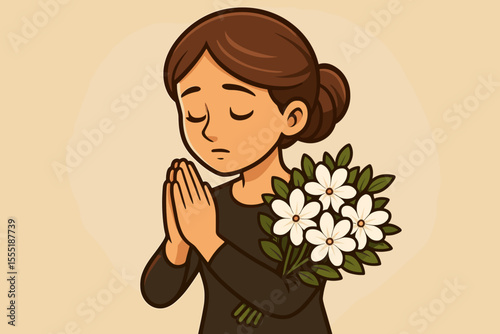 Cartoon woman in black dress praying with hands together holding white daisy bouquet, symbolizing respect, remembrance, sympathy, devotion, mourning, condolence, funeral, memorial vector illustration