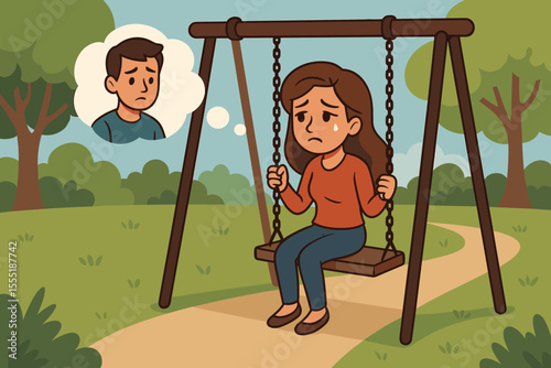 Lonely woman sitting on swing in park missing boyfriend, thinking of loved one, sadness, longing, relationship, heartbreak, emotional solitude, cartoon vector illustration, outdoor scene