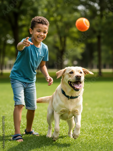 Happy Black boy throwing a ball for his Labrador dog in a park. Child playing fetch with his pet on a sunny day. For pet store advertising, healthy and happy pet concept.