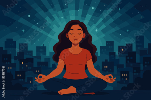 Woman meditating in lotus pose under starry urban night sky, city skyline background, radiant light beams, mindfulness, relaxation, peaceful evening, vector cartoon illustration