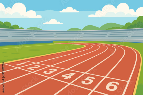 Outdoor athletic running track with numbered lanes in stadium, curved red track with white lines, sports competition, fitness, exercise, cartoon vector illustration