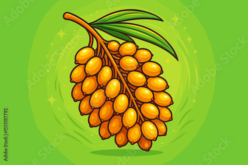 Sea buckthorn branch with orange berries vector cartoon illustration. A bunch of fresh ripe hippophae fruit with leaves. Healthy organic superfood for cosmetic or juice concept.