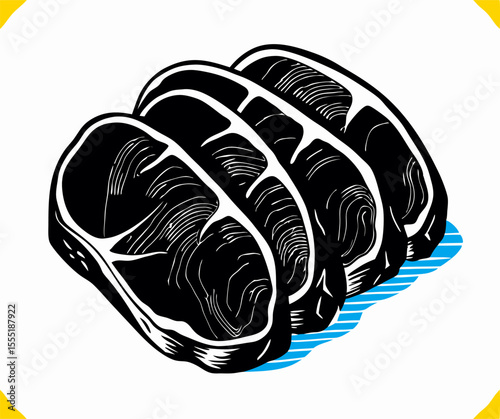 Three Slices of Steak, Black and White Illustration
