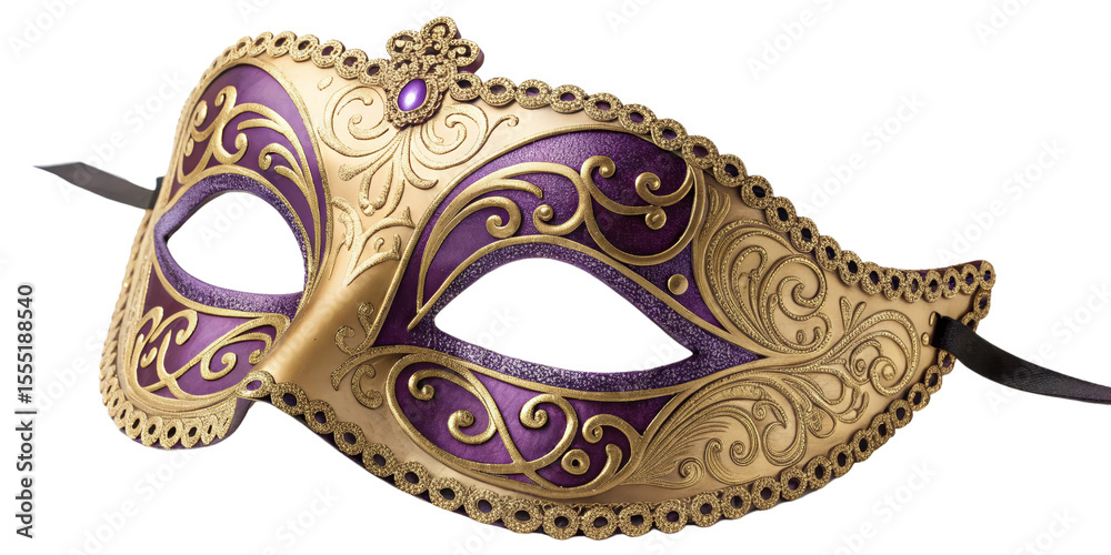 Naklejka premium Elegant Venetian Mask Gold and Purple Design, Isolated on Transparent Background, Masquerade Costume Accessory, Masquerade, Venetian Mask, Costume