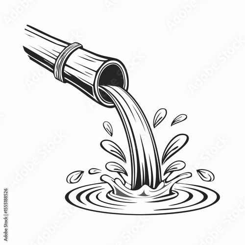 Bamboo Spout Pouring Water Image Vector isolated on white vector.