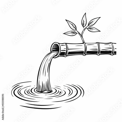 Bamboo Spout Pouring Water Image Vector isolated on white vector.