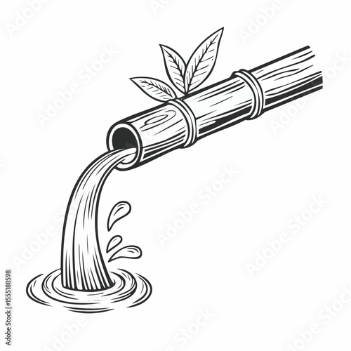 Bamboo Spout Pouring Water Image Vector isolated on white vector.