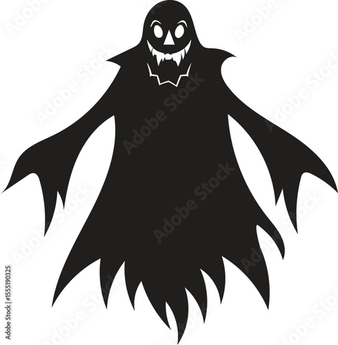 Spooky Halloween Ghost Silhouette with Fangs and Glowing Eyes Illustration