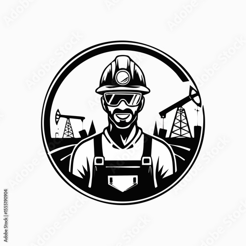 Oil Worker in the Mining Field, with Equipment and Energy Extraction logo design vector.