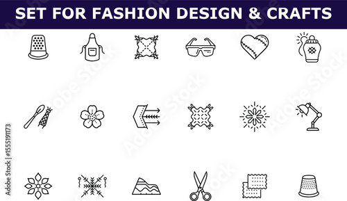 Outline icons set for fashion design crafts including thimble, apron, glasses, scissors, more