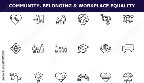Line icons representing community belonging workplace equality diversity concepts