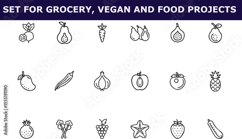 Line art icons of various fruits vegetables set for vegan grocery projects vector