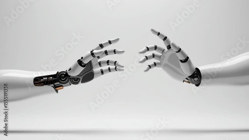 Robotic hands reaching towards each other on minimalistic background  