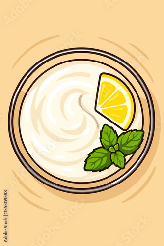 Creamy yogurt in a glass bowl with a fresh lemon slice and mint leaves, top view. Healthy breakfast, natural dairy food or refreshing snack concept. Greek yogurt or sour cream dip cartoon.