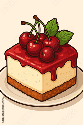 Decadent Cherry Cheesecake with Fresh Cherries and Mint Garnish, Rich Creamy Dessert Slice, Vector Cartoon Illustration of Sweet Pastry with Red Fruit Topping
