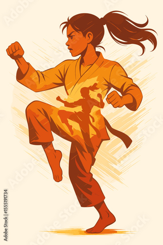 Woman practicing martial arts in a dynamic double exposure vector. Female fighter in karate or taekwondo pose. Concept for strength, discipline, self-defense, power, and motion.