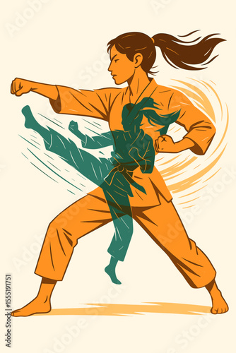Martial arts woman with double exposure effect. Vector illustration of a female fighter in dynamic motion. Concept for strength, empowerment, self defense, training, and karate.
