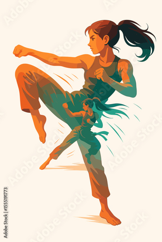 Dynamic Double Exposure of Woman Practicing Martial Arts, Powerful Karate and Kickboxing Action Pose, Vector Cartoon Illustration of Fitness, Strength, and Movement