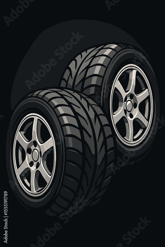 Two car wheels with sport alloy rims and premium rubber tires. Automotive service vector illustration. Detailed racing or tuning concept. Realistic vehicle part isolated on dark background.