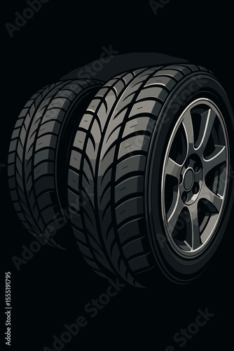 Realistic car tires and shiny alloy wheels in perspective. Detailed vector illustration of automotive rubber tread on a dark background. Auto service, racing, and transport concept.