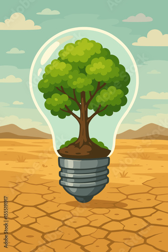 Green tree in a lightbulb on arid, cracked desert land. A concept of hope, green energy, sustainability, conservation, and solutions for global warming and climate change. Vector.