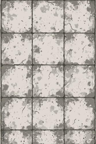 Distressed White and Gray Concrete Tile Wall Texture with Grunge Vintage Look, Cracked Rough Surface Pattern, Old Weathered Stone Floor Background, Vector Illustration