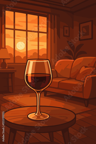 Glass of red wine in a cozy living room interior at sunset. Relaxing evening ambiance with warm light from the window. Home comfort, leisure and solitude concept. Vector illustration.