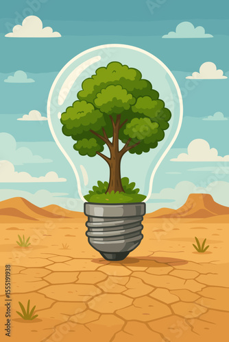 Eco-Friendly Lightbulb with Thriving Green Tree Inside, Symbolizing Growth and Sustainability on Arid Desert Landscape. Vector Illustration.