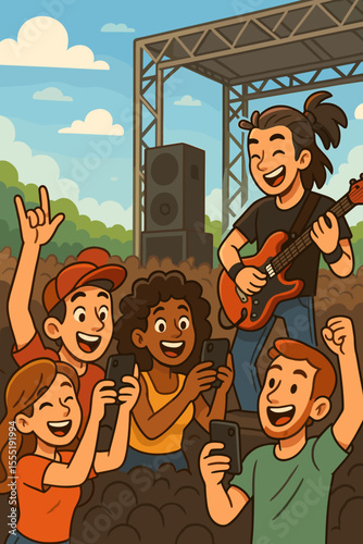 Cartoon vector of enthusiastic fans recording a guitarist at a summer music festival. Happy crowd with phones enjoying a live rock concert performance. Youth lifestyle and entertainment.