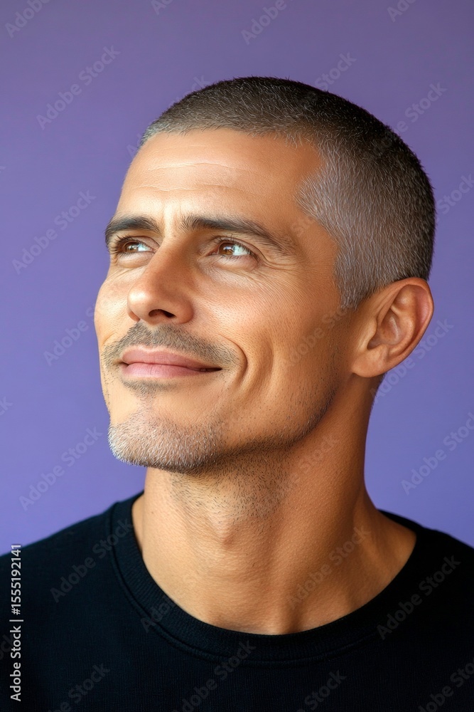 Obraz premium Concept creative image of style for aging men. Fashionable men's buzz cut haircut - midlife white man with hair. A charming and elegant man exuding positivity. Purple solid background.