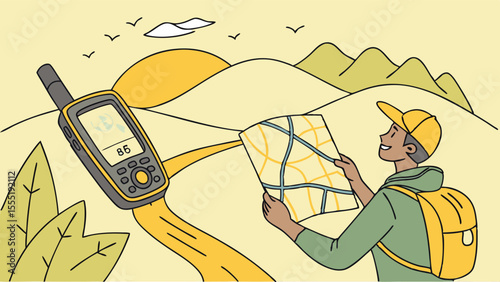 Adventurous Hiker Using GPS and Map for Navigation Outdoors.