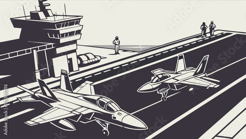 Aircraft carrier deck with fighter jets and personnel illustration.