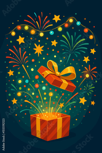 Exploding red gift box with fireworks, golden stars, and festive lights. Happy Christmas and New Year celebration surprise. Holiday season event design element. Present, magic.