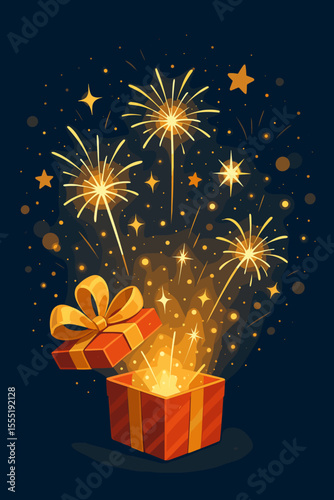 Festive open gift box with sparkling fireworks, glowing lights, and golden stars bursting out for Christmas, New Year celebration, holiday surprise, festive magic vector illustration