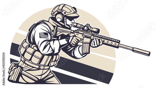 Armed Soldier Aiming Rifle with Scope in Tactical Gear.