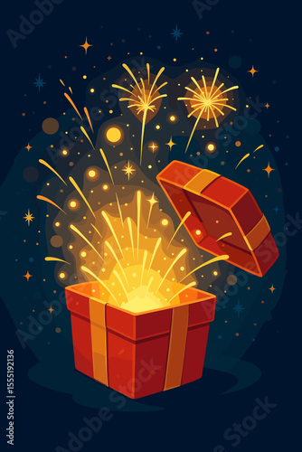Open red gift box with magical fireworks exploding. Surprise present for Christmas, New Year, birthday celebration. Holiday greeting card concept with glowing lights and stars.