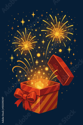 Festive open gift box with sparkling fireworks and glowing lights, Christmas and New Year celebration, bright magical surprise, holiday gift, festive vector illustration
