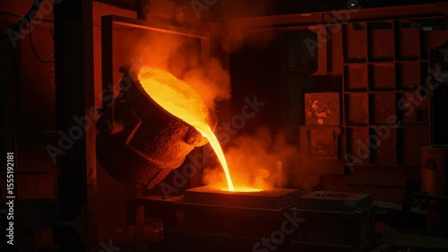 Molten metal being poured from a furnace in industrial foundry  